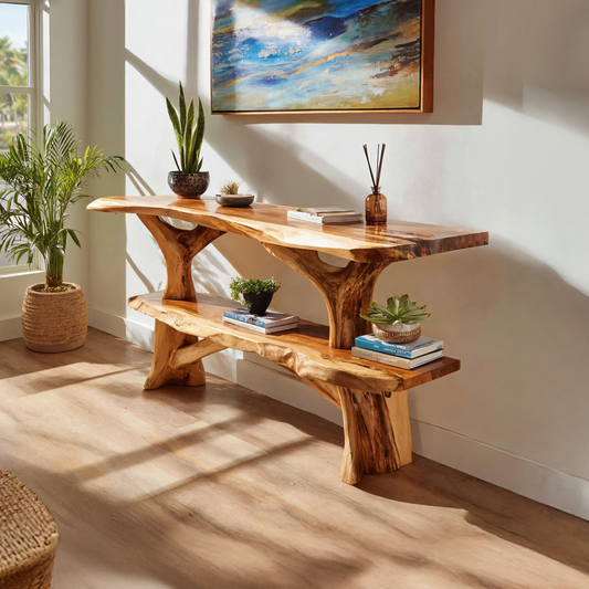 Mid Century Wooden Live Edge Console Table For Apartment Living Room