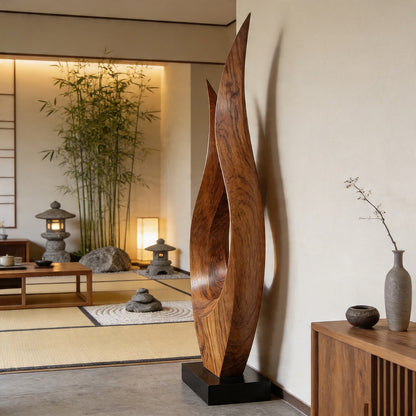 Dual Flame Openwork Abstract Wood Sculpture Decor