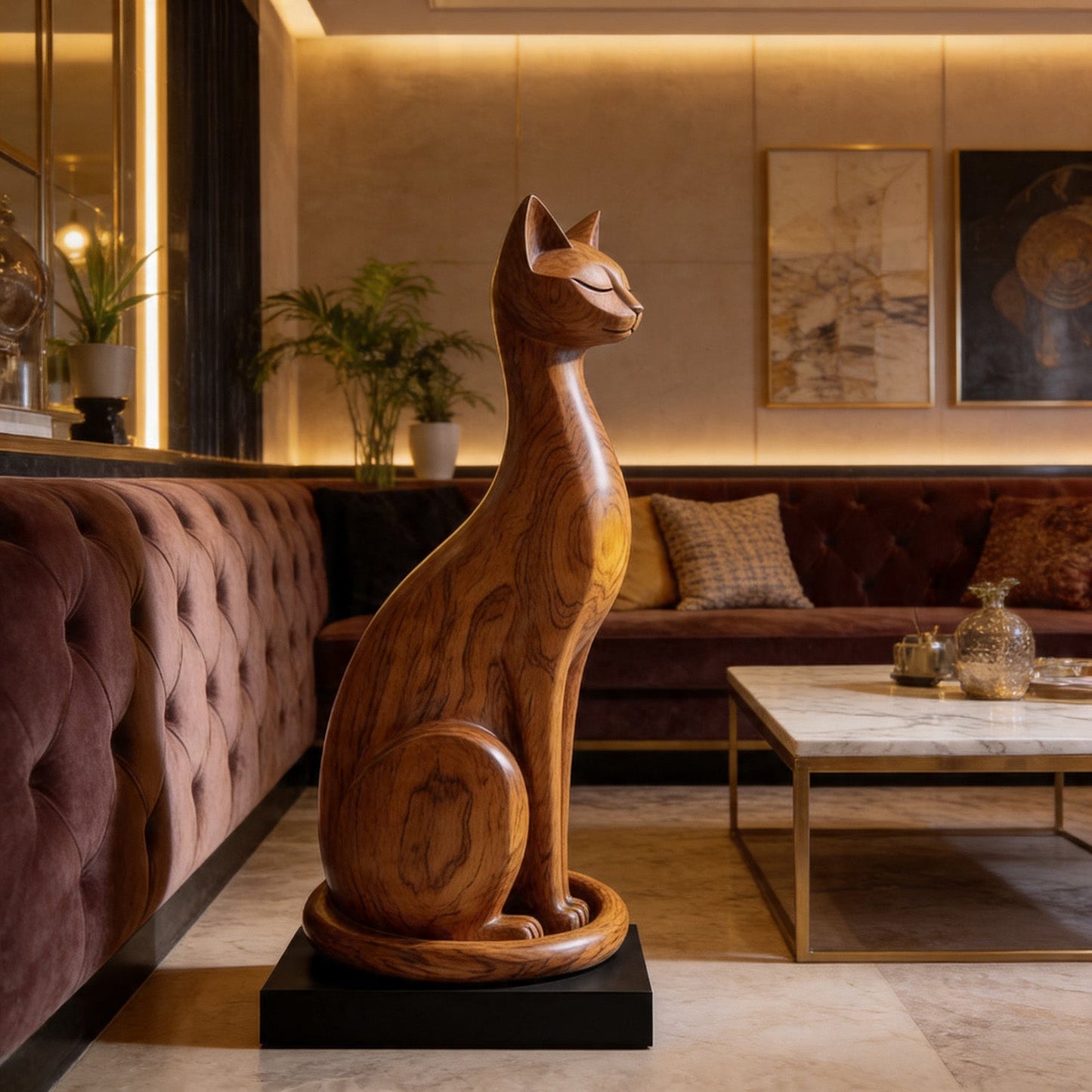 Minimalist Sitting Cat Wood Sculpture
