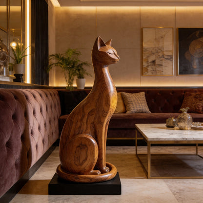 Minimalist Sitting Cat Wood Sculpture