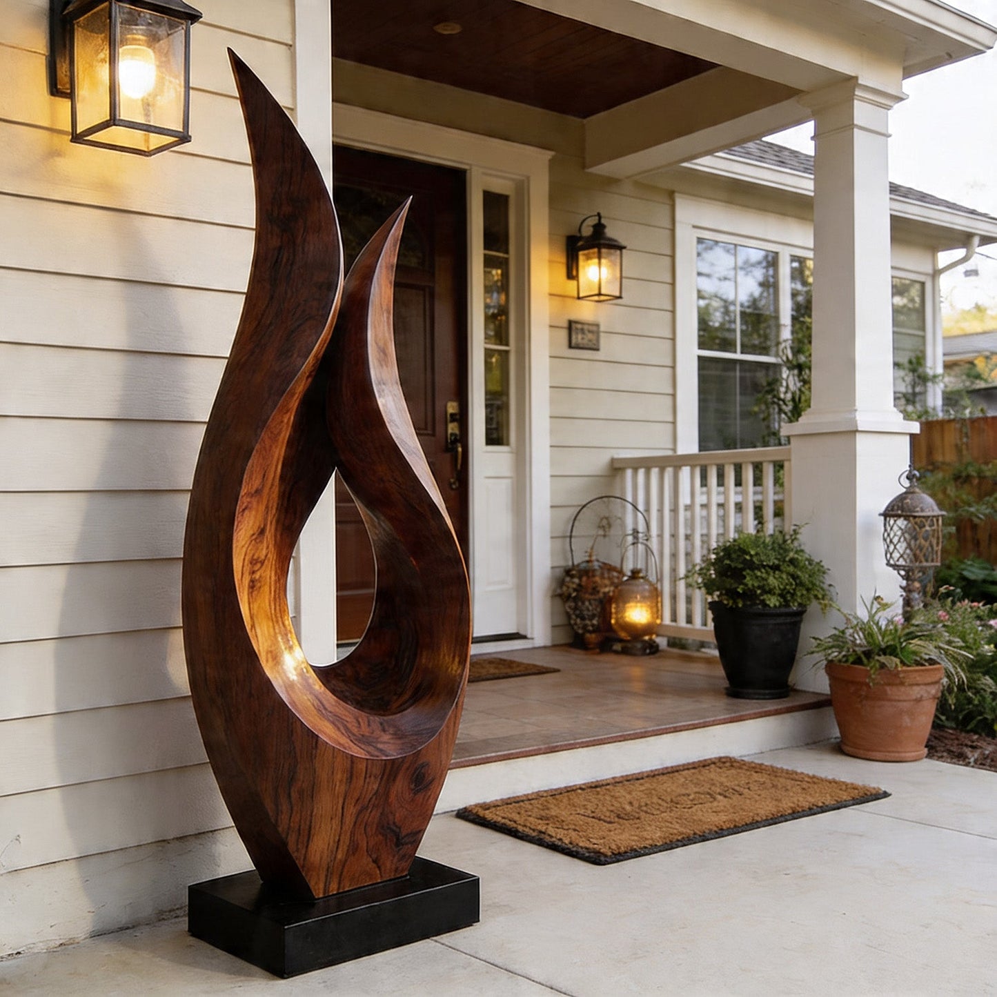 Dual Flame Openwork Abstract Wood Sculpture Decor