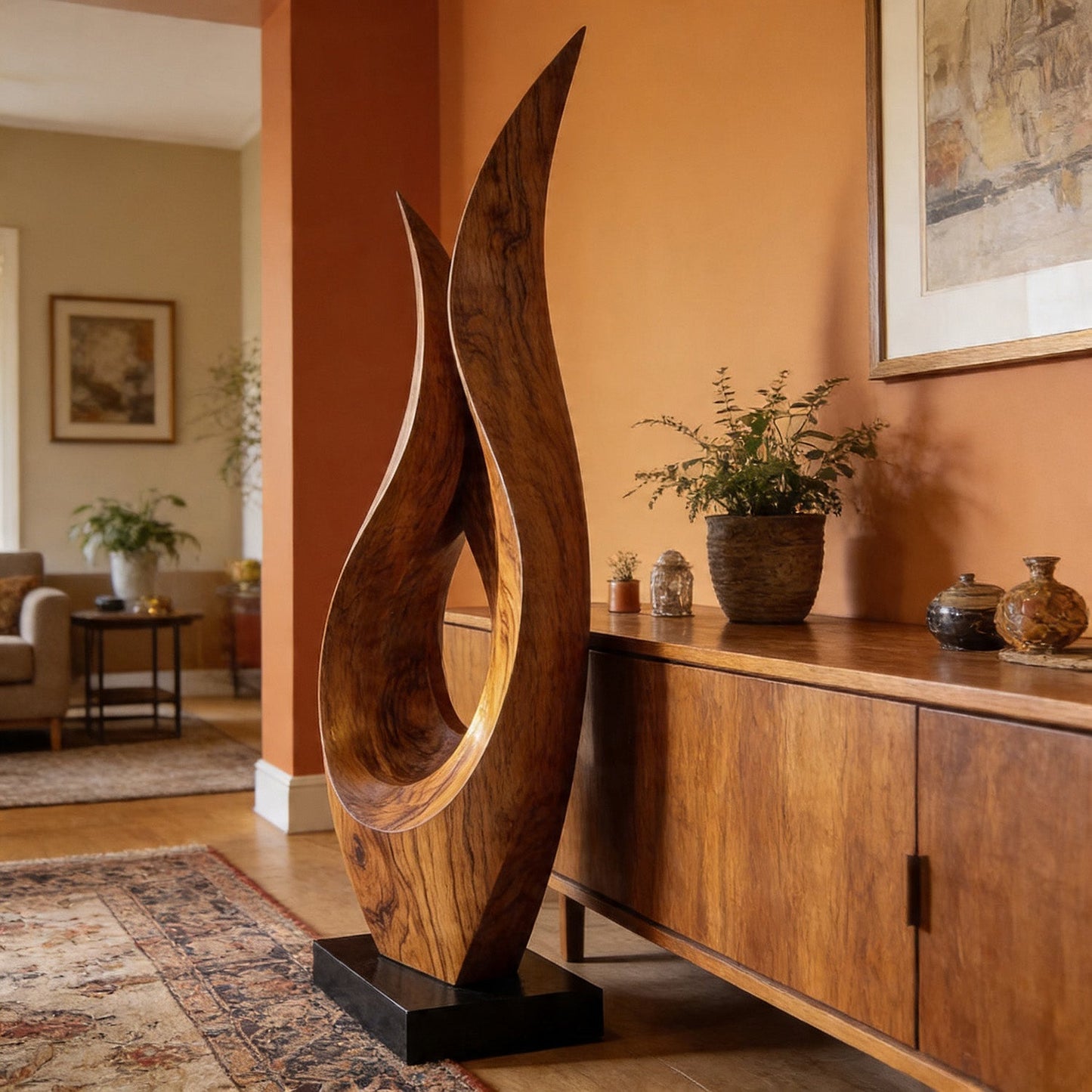 Dual Flame Openwork Abstract Wood Sculpture Decor