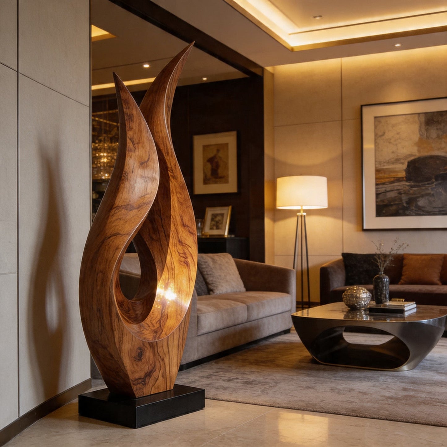 Dual Flame Openwork Abstract Wood Sculpture Decor