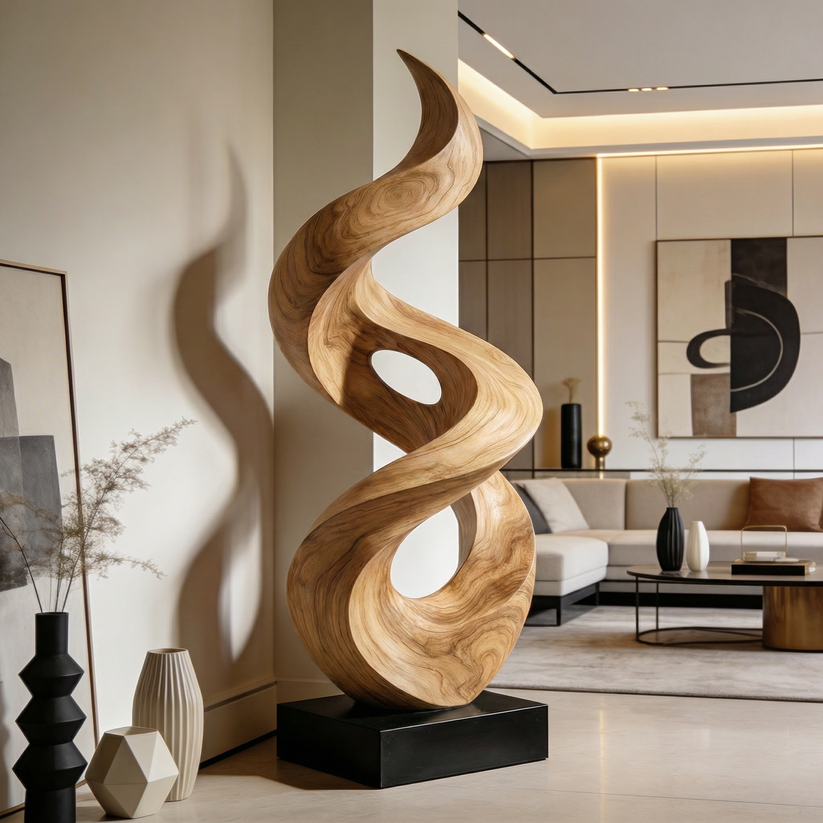 Organic Spiral Wood Sculpture With Open Carved Form