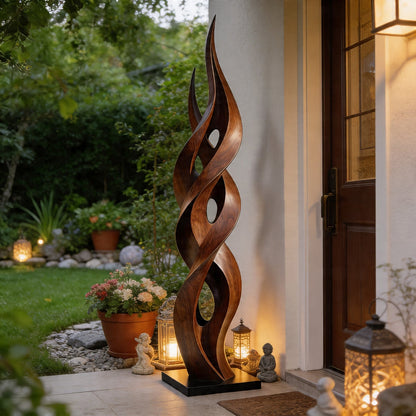Contemporary Twisting Flame Wood Sculpture Floor Art