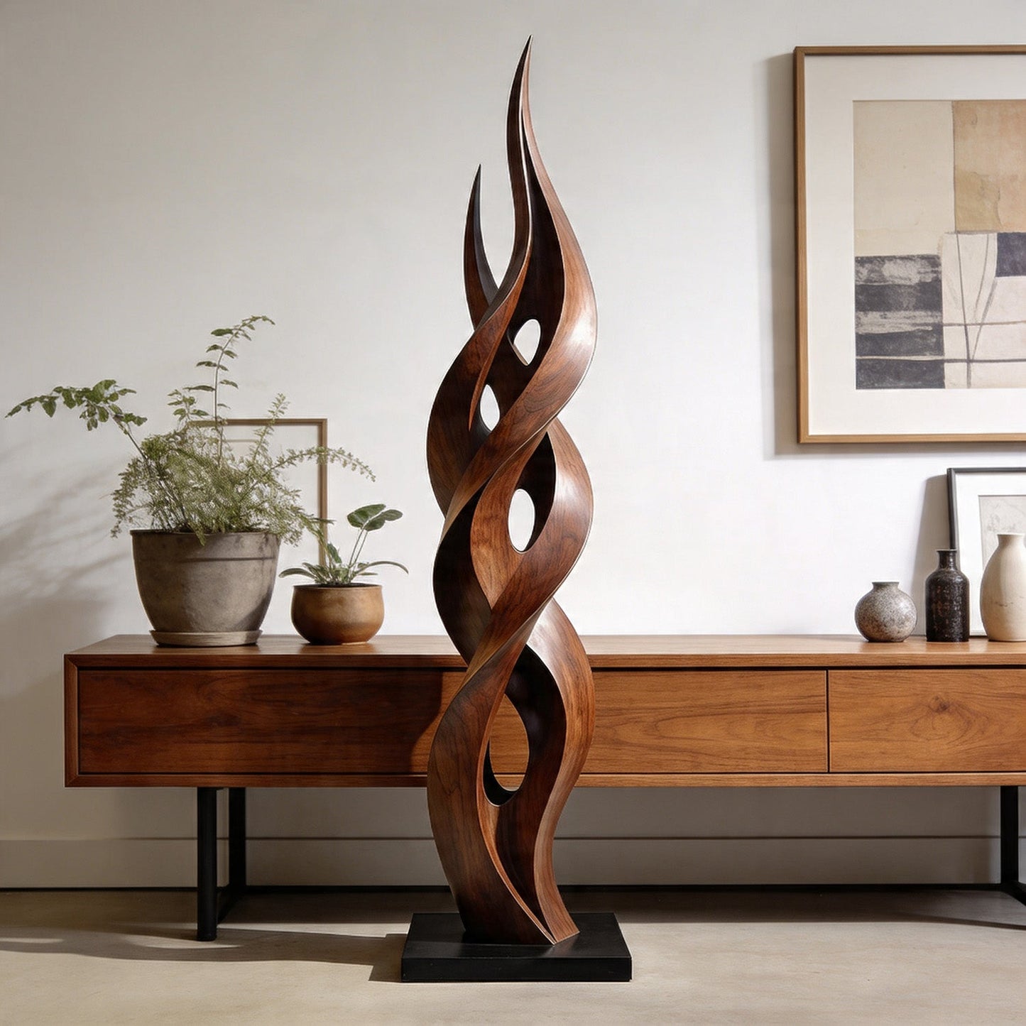 Contemporary Twisting Flame Wood Sculpture Floor Art