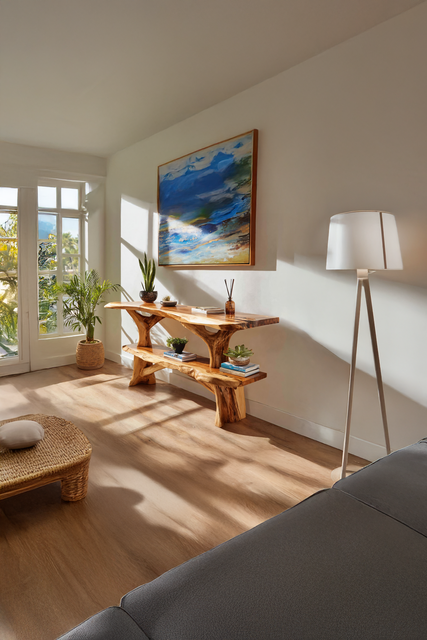 Mid Century Wooden Live Edge Console Table For Apartment Living Room