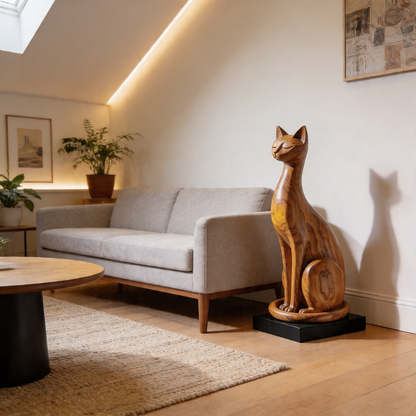 Minimalist Sitting Cat Wood Sculpture