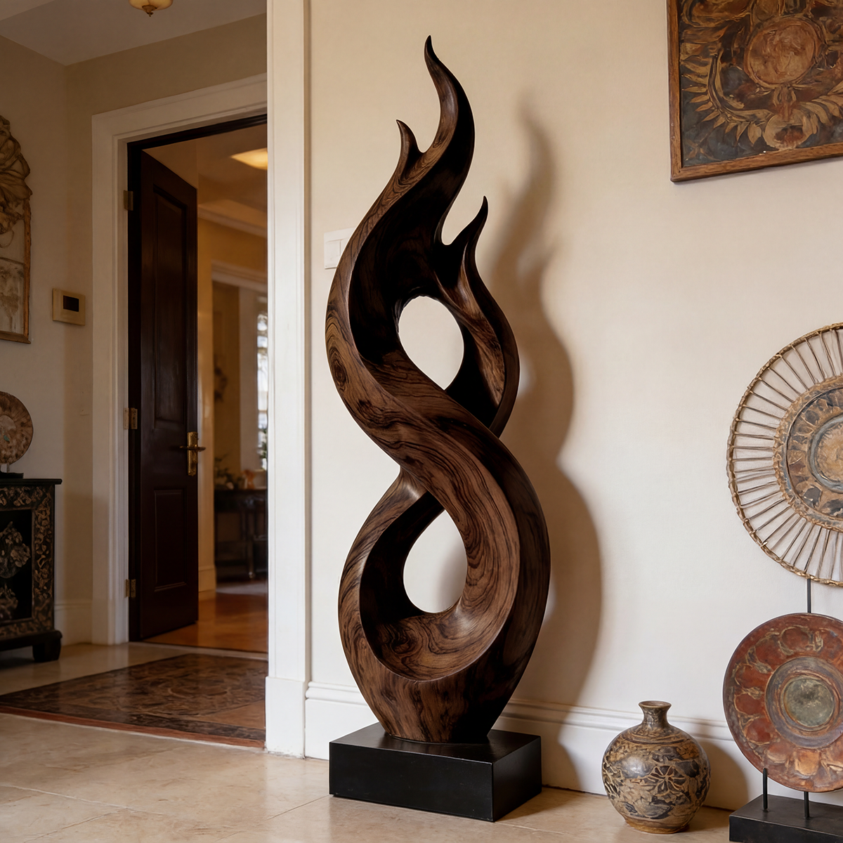 Flame Form Abstract Wood Sculpture Floor Art