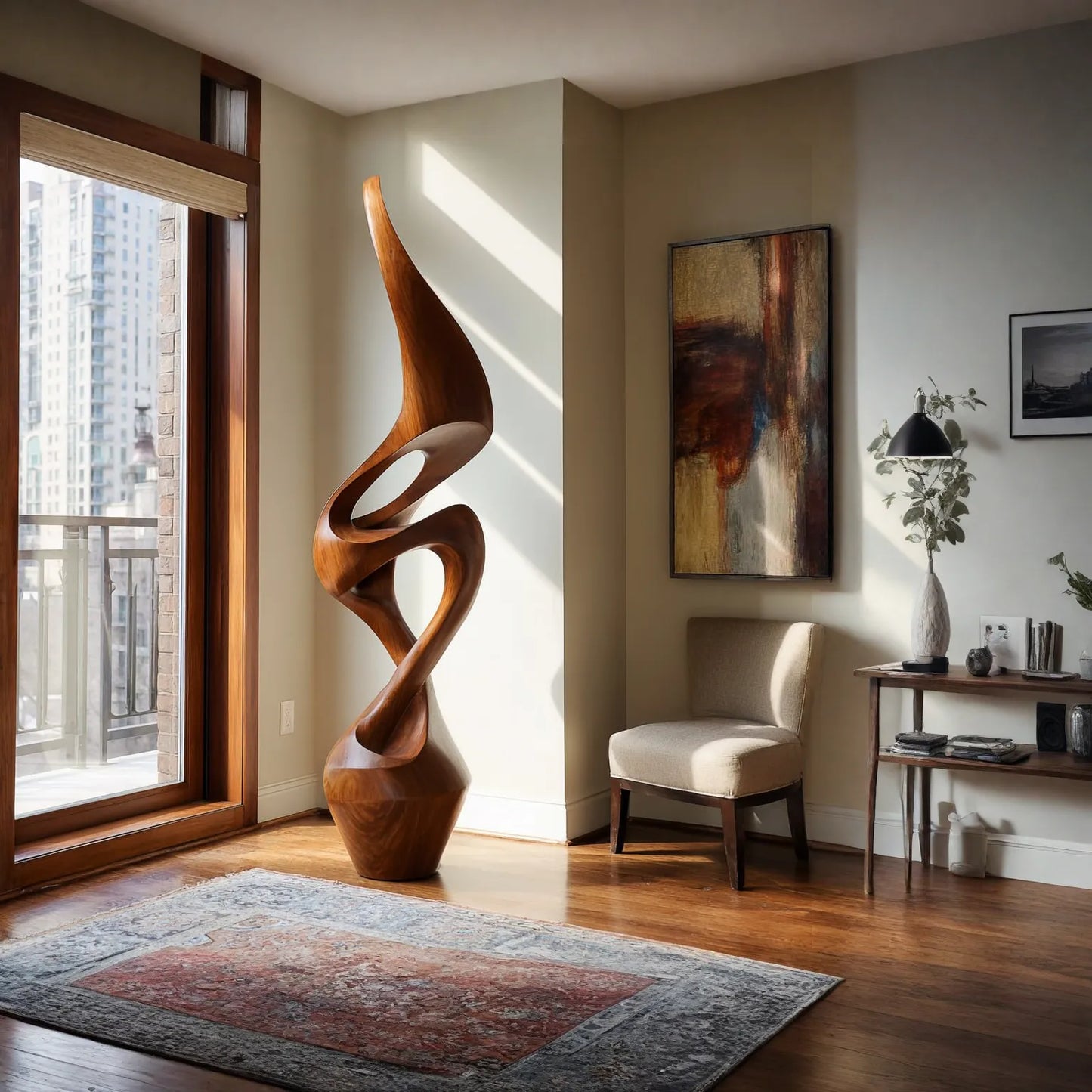 Contemporary Floor Sculpture in Natural Wood with Open Curves