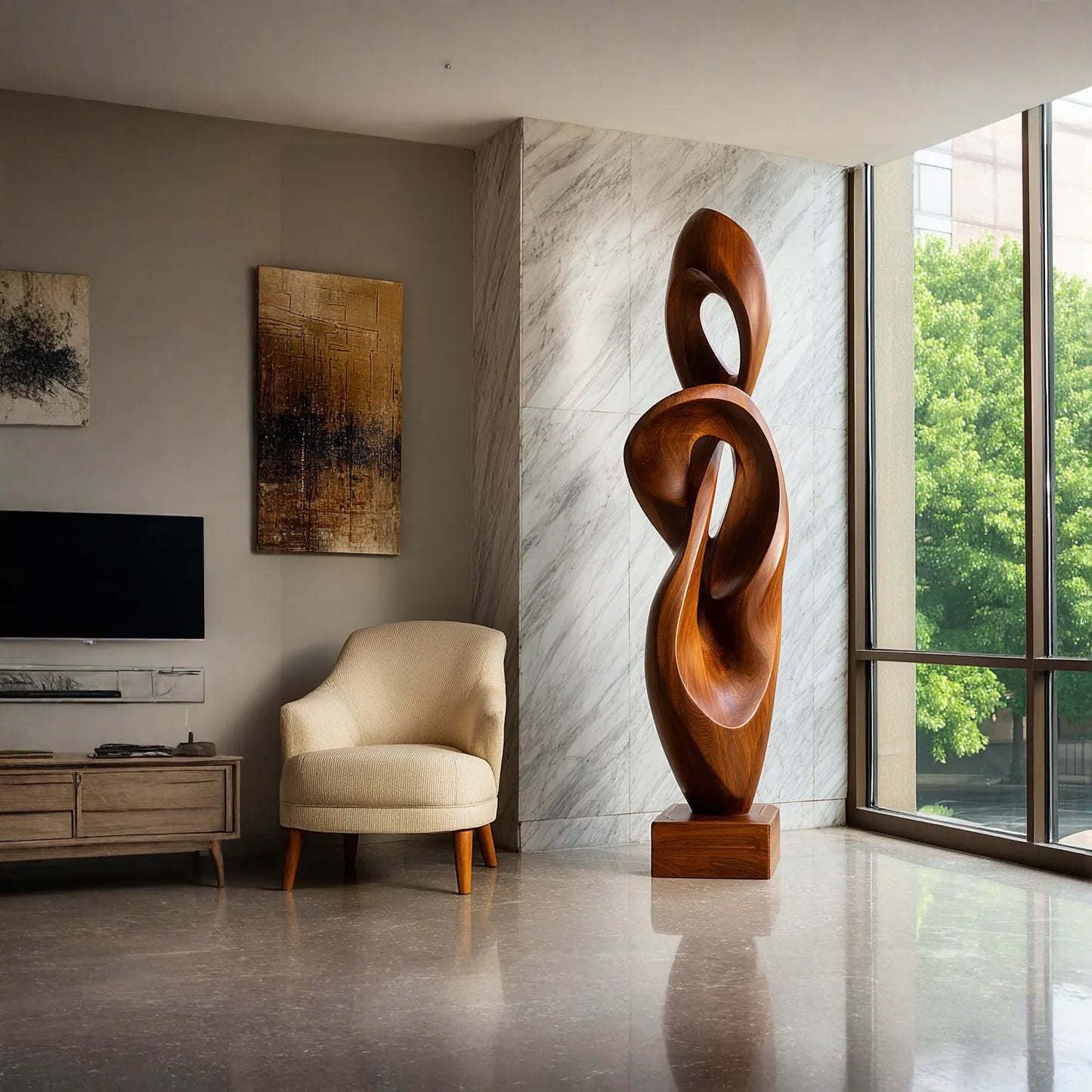 Sculptural Open Form Floor Art in Natural Wood