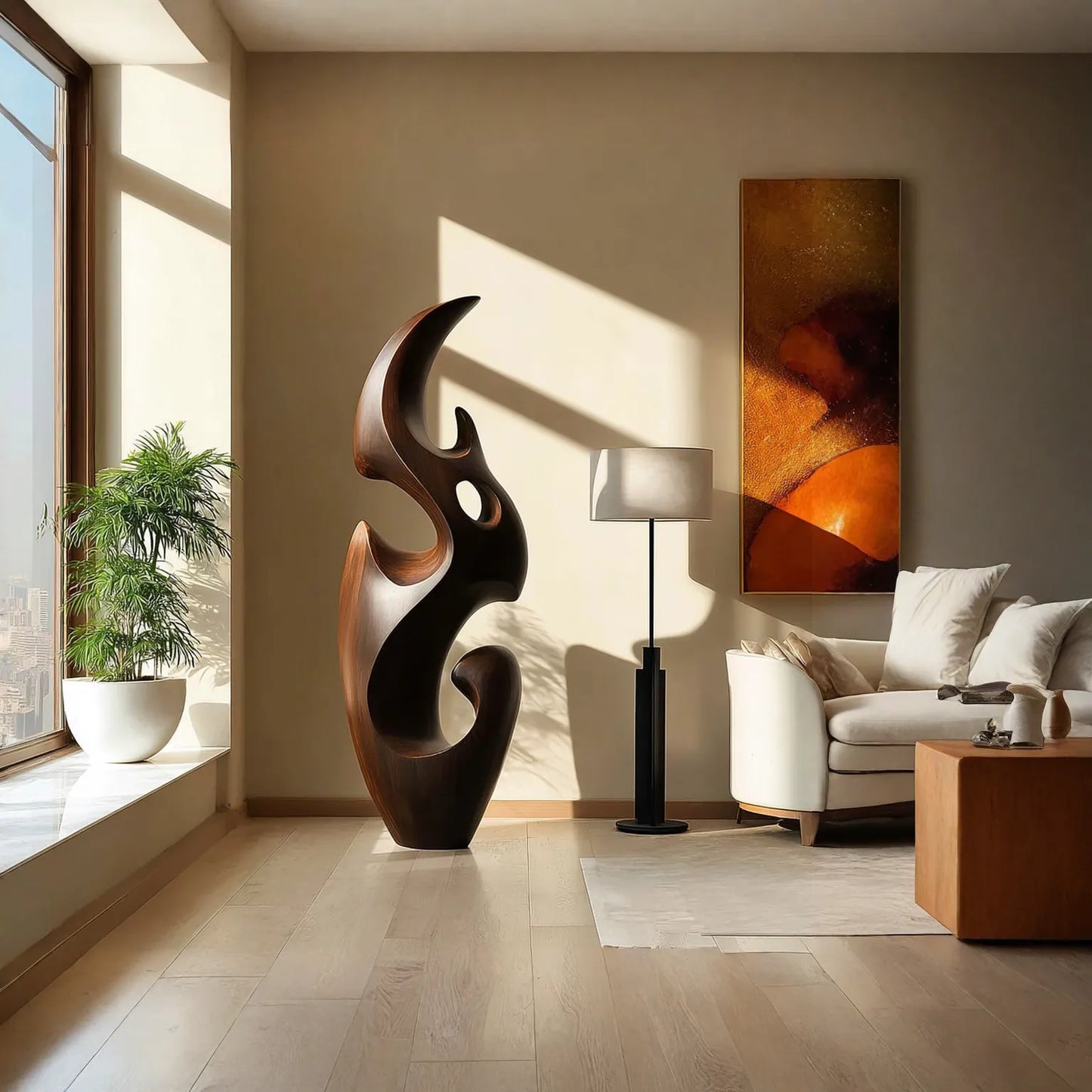Contemporary Floor Sculpture With Fluid Natural Wood Form