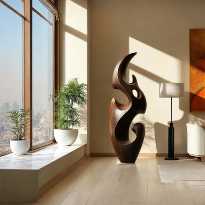 Contemporary Floor Sculpture With Fluid Natural Wood Form