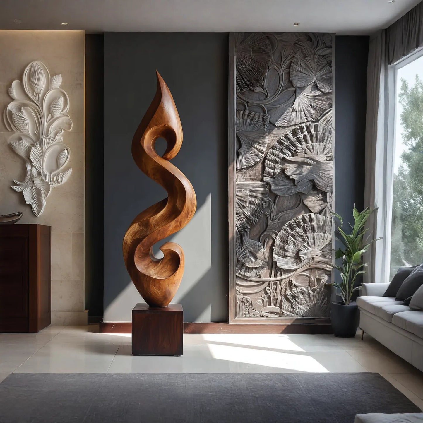 Elegant Spiral Floor Sculpture in Natural Wood Accent
