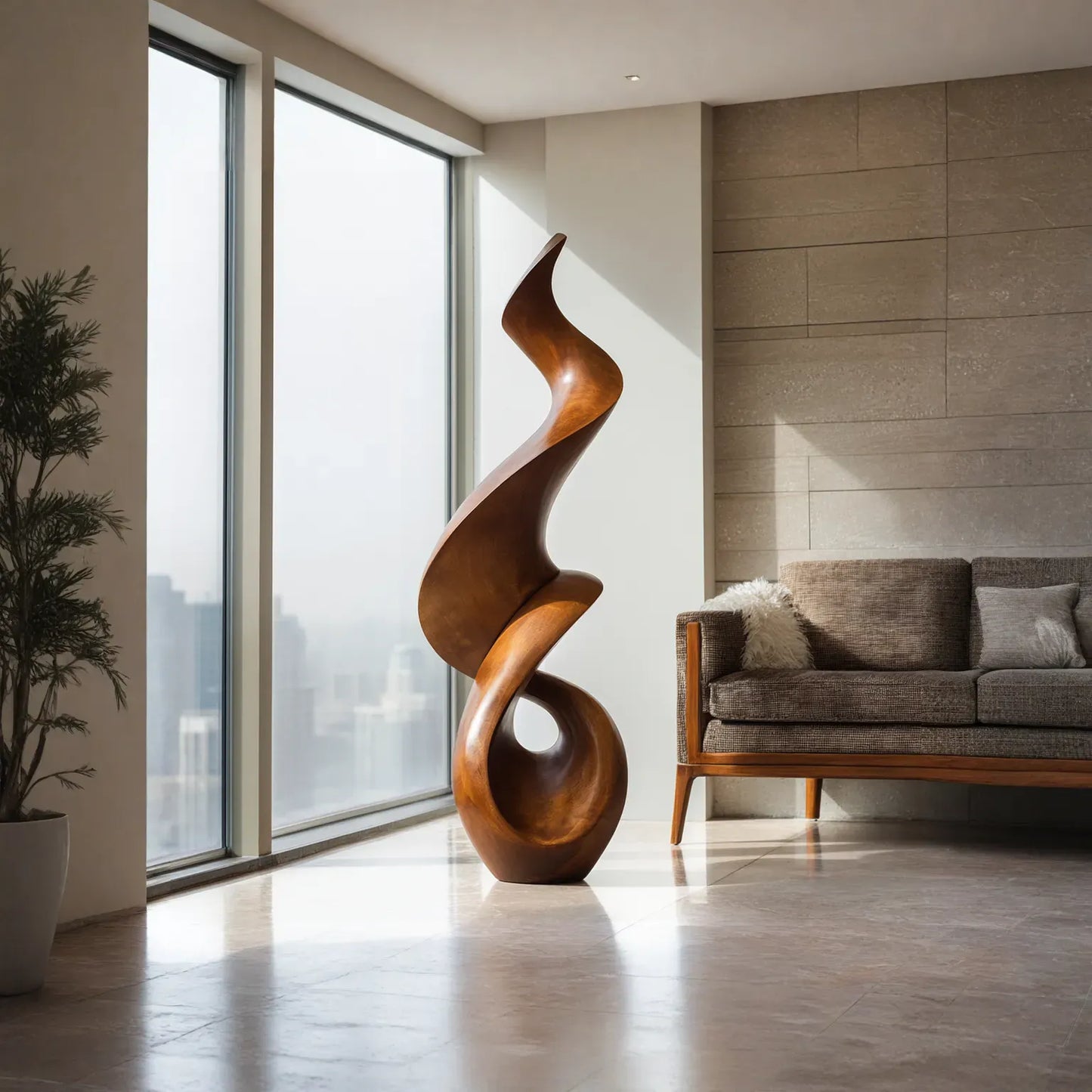 Abstract Twisted Solid Wood Sculpture Handcarved Modern Wooden Floor Statue