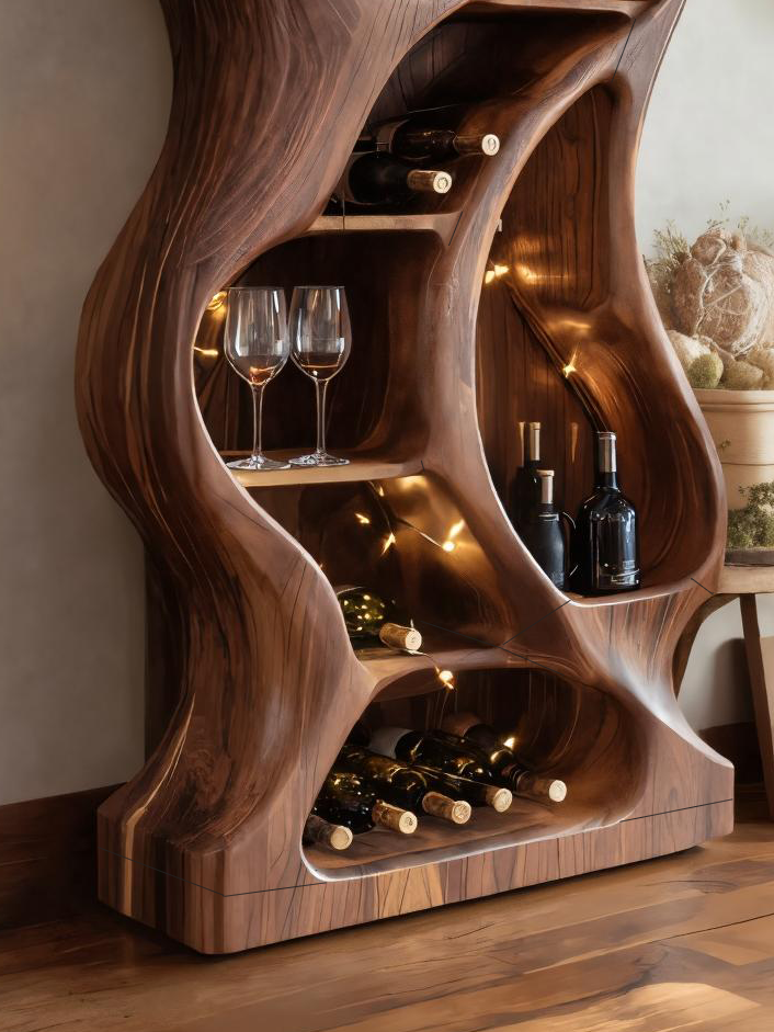 Modern Cabinet With Wave Carved Doors And Wine Storage For Kitchen