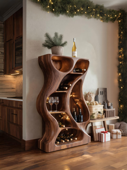 Modern Cabinet With Wave Carved Doors And Wine Storage For Kitchen