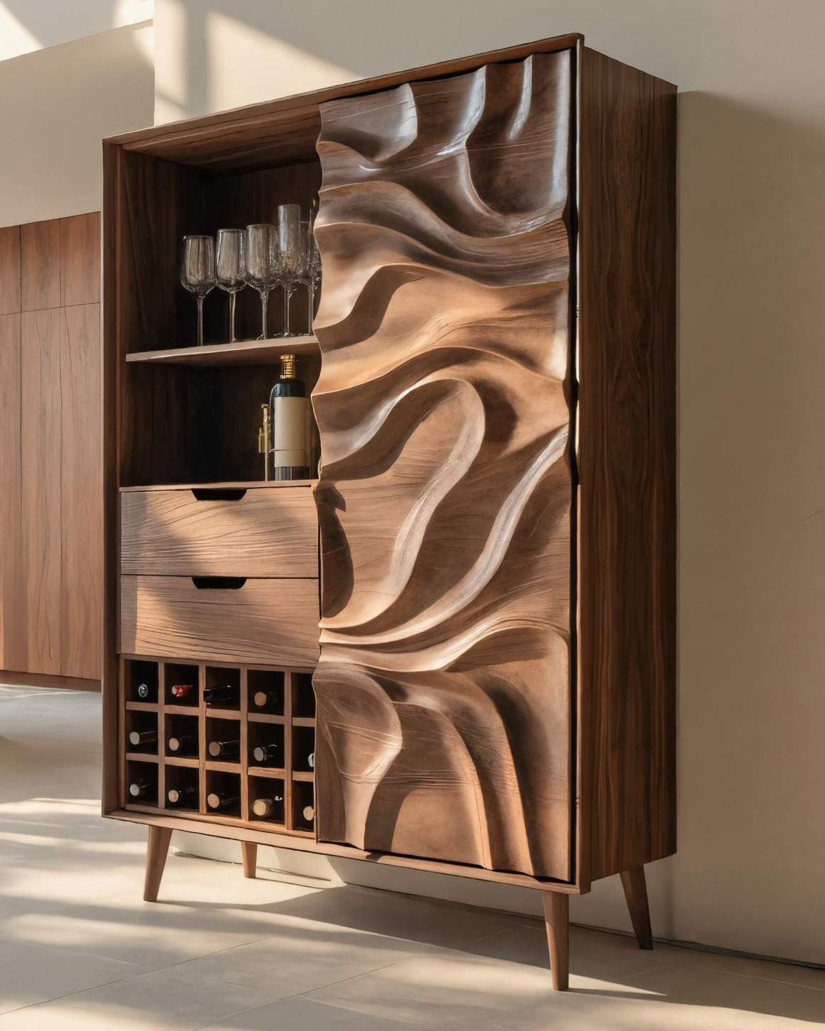 Sculptural Bar Cabinet With Wave Carved Doors For Kitchen