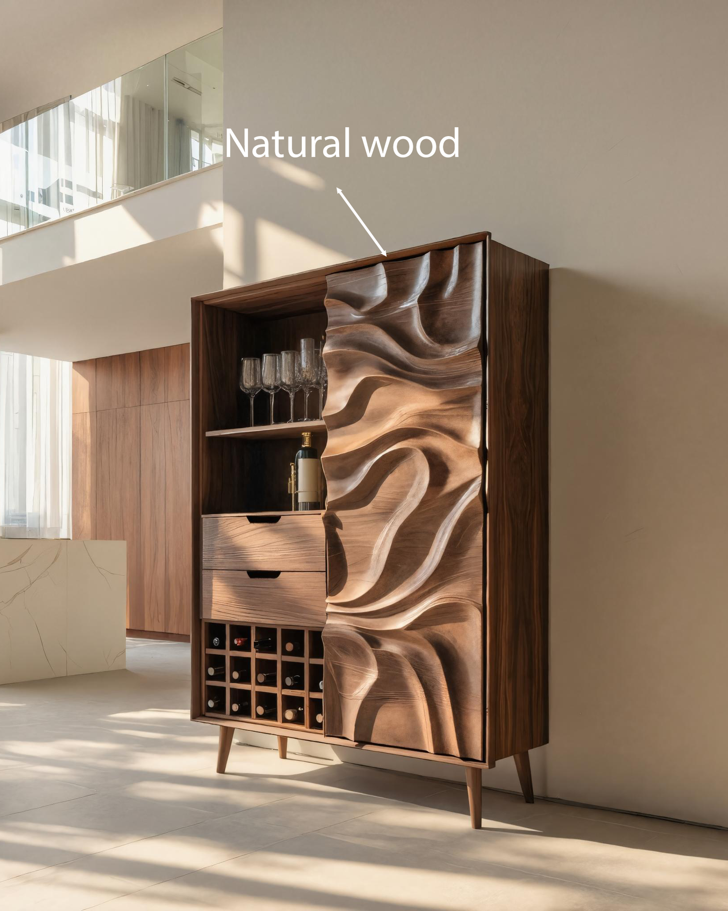 Sculptural Bar Cabinet With Wave Carved Doors For Kitchen