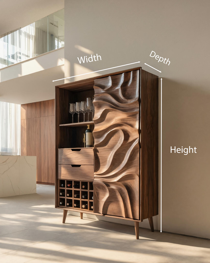 Sculptural Bar Cabinet With Wave Carved Doors For Kitchen