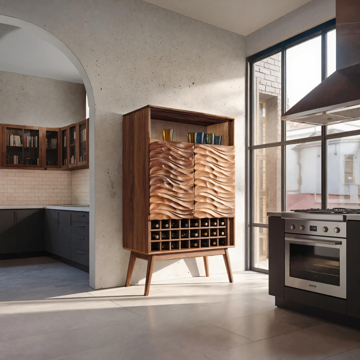 Modern Wine Cabinet With Wave Carved Doors For Kitchen