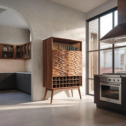 Modern Wine Cabinet With Wave Carved Doors For Kitchen