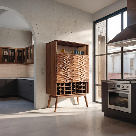 Modern Wine Cabinet With Wave Carved Doors For Kitchen