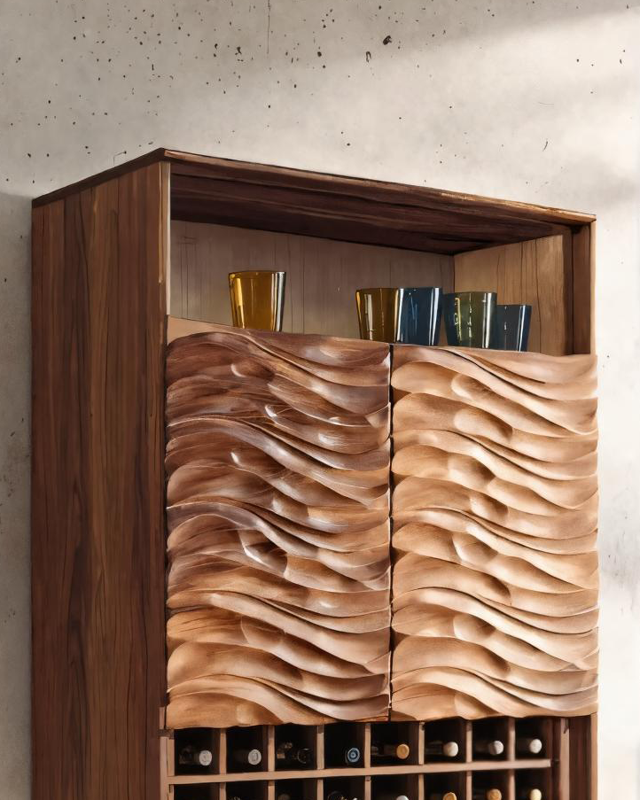 Modern Wine Cabinet With Wave Carved Doors For Kitchen