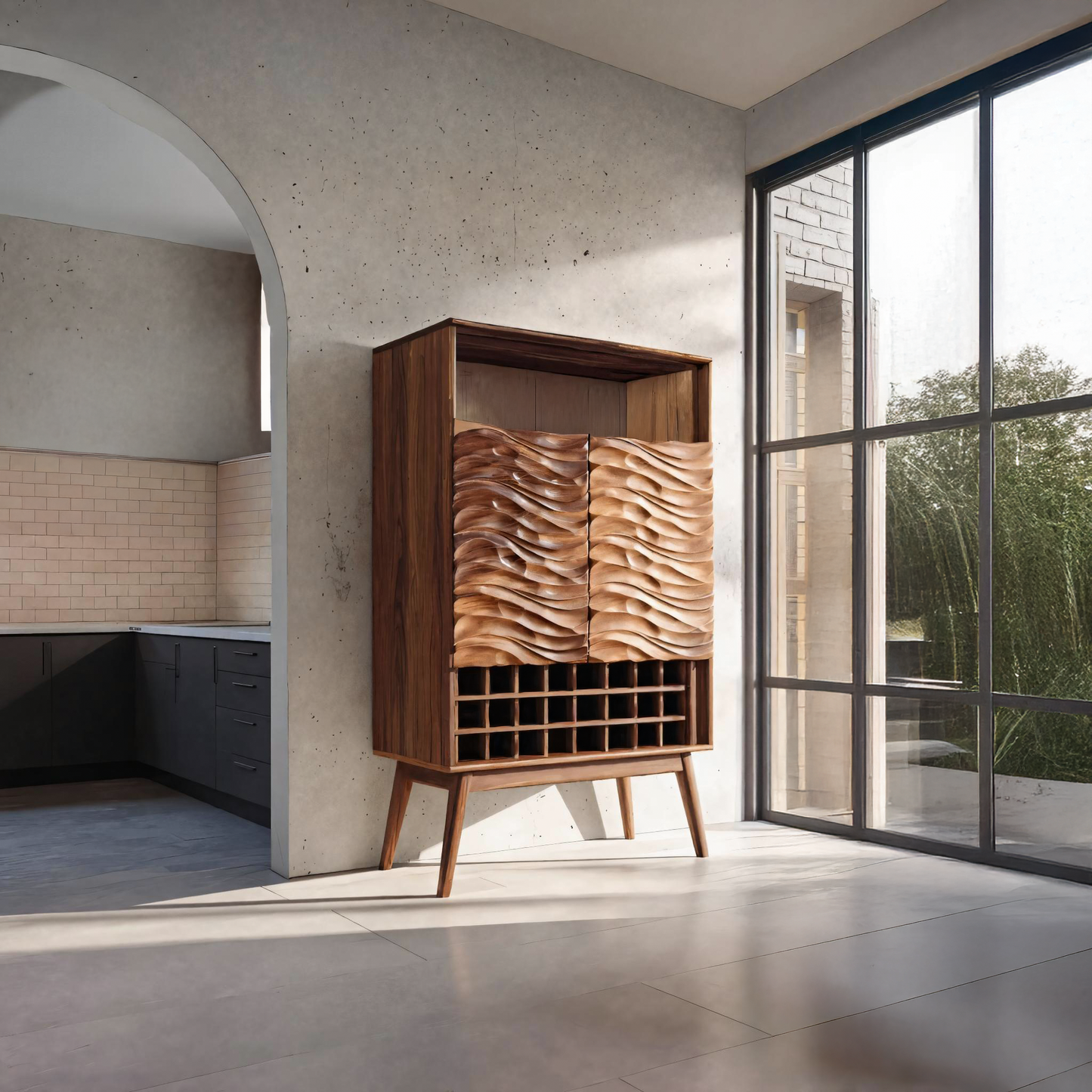 Modern Wine Cabinet With Wave Carved Doors For Kitchen