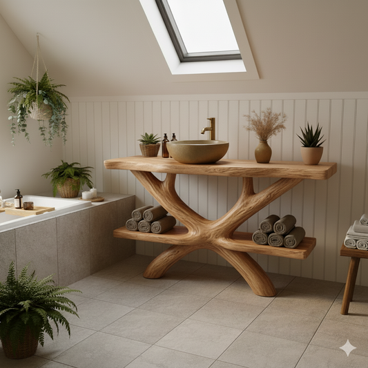 Handcrafted Solid Wood Bathroom Vanity with Sculpted Base and Open Shelf