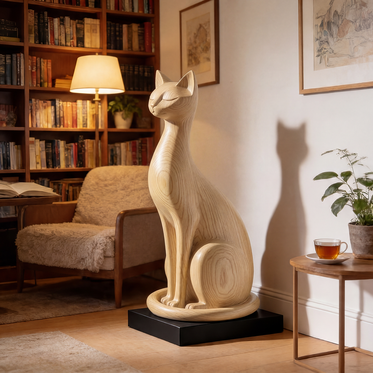 Minimalist Sitting Cat Wood Sculpture