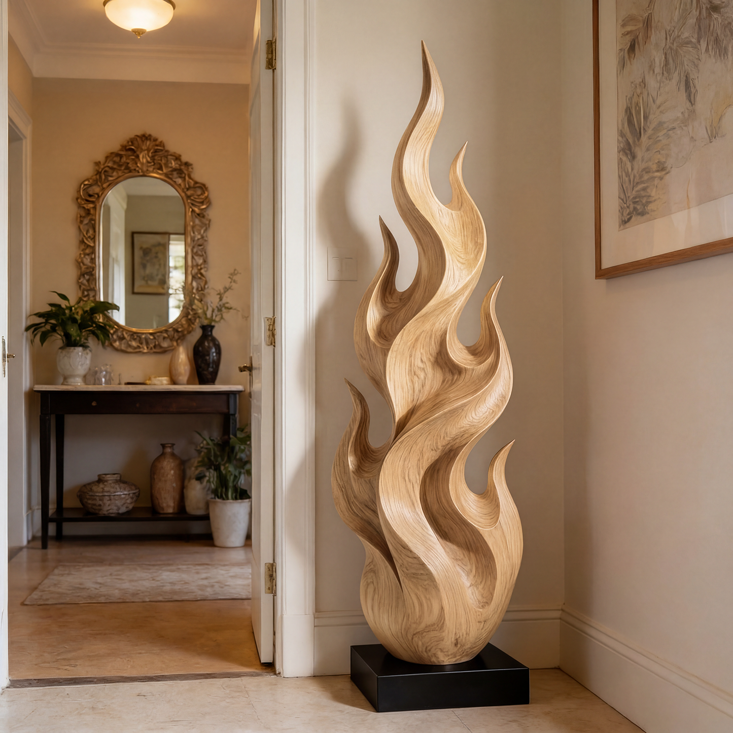 Flame Inspired Abstract Wood Sculpture Floor Decor