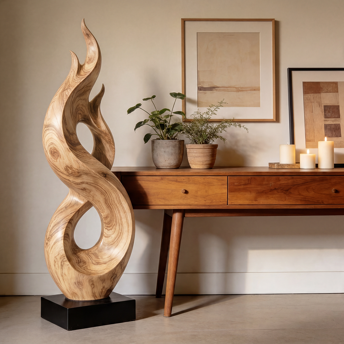 Flame Form Abstract Wood Sculpture Floor Art