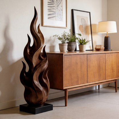 Flame Inspired Abstract Wood Sculpture Floor Decor