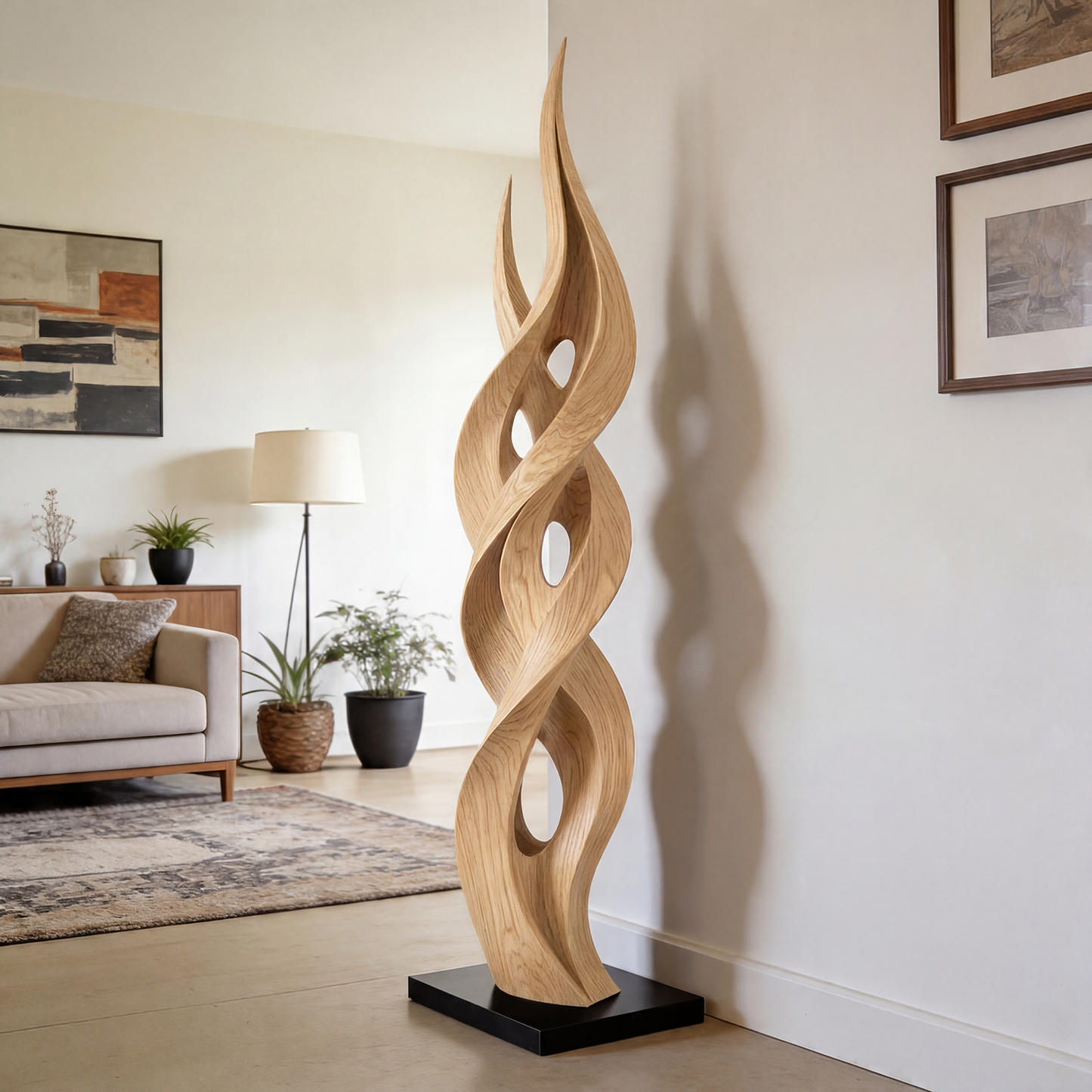 Contemporary Twisting Flame Wood Sculpture Floor Art