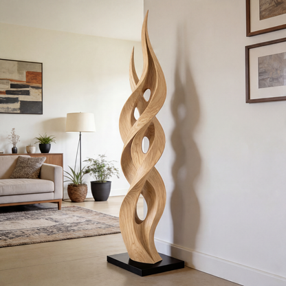Contemporary Twisting Flame Wood Sculpture Floor Art