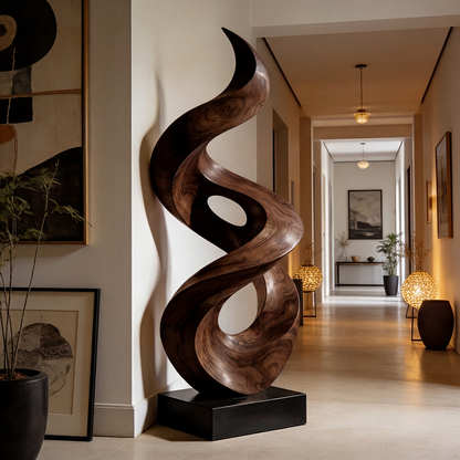 Organic Spiral Wood Sculpture With Open Carved Form