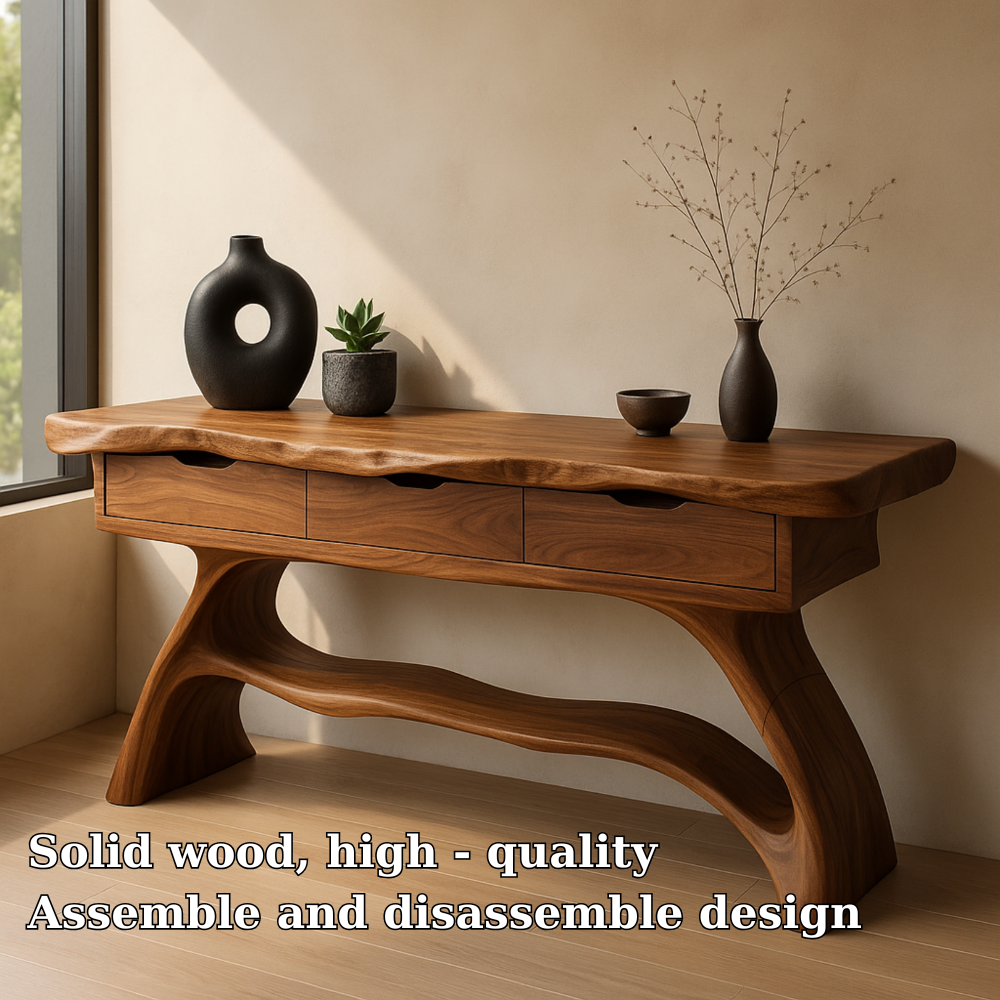 Handcrafted Solid Wood Console Table with Sculpted Base and Drawers – Modern Organic Design