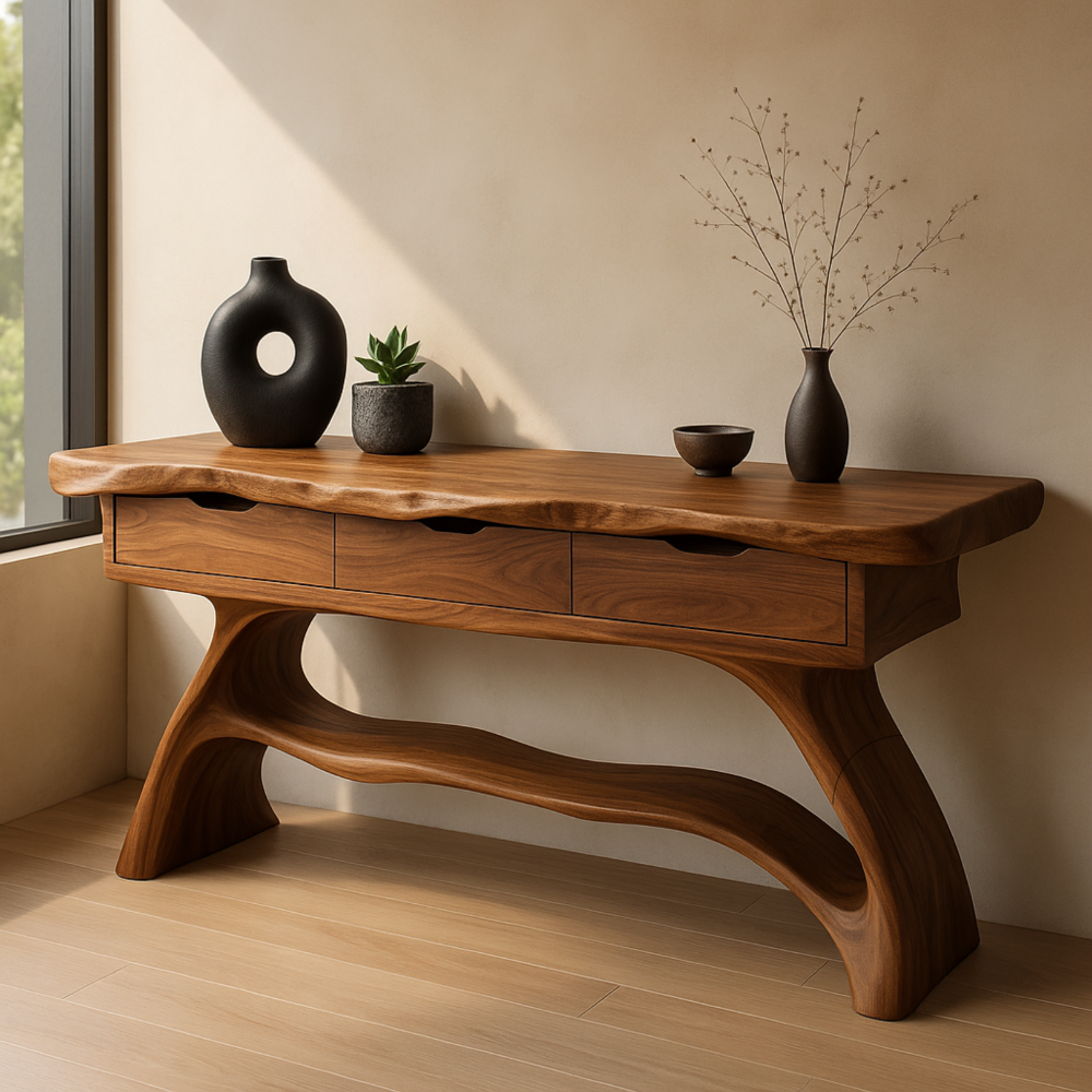 Handcrafted Solid Wood Console Table with Sculpted Base and Drawers – Modern Organic Design