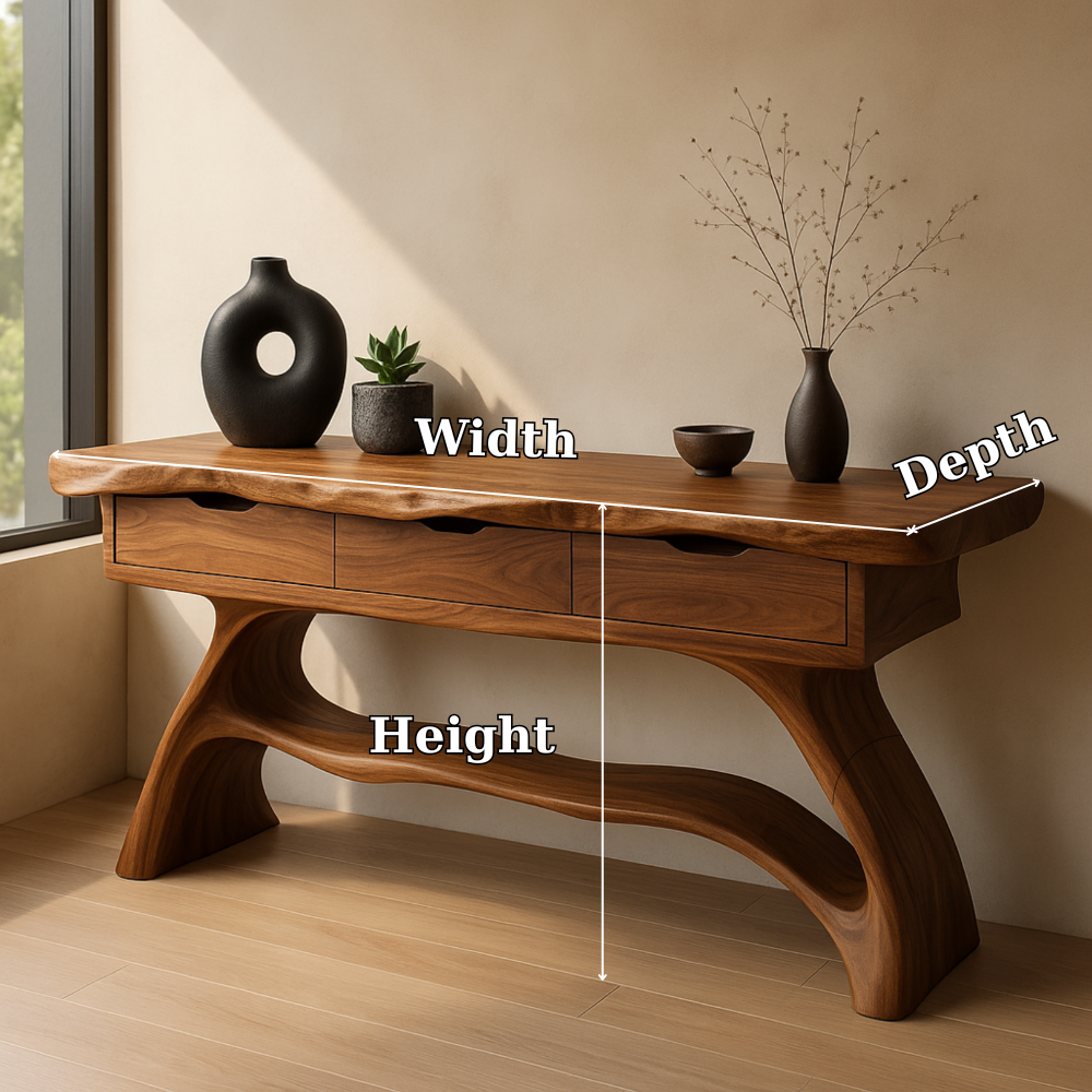 Handcrafted Solid Wood Console Table with Sculpted Base and Drawers – Modern Organic Design