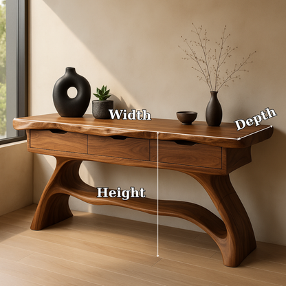 Handcrafted Solid Wood Console Table with Sculpted Base and Drawers – Modern Organic Design