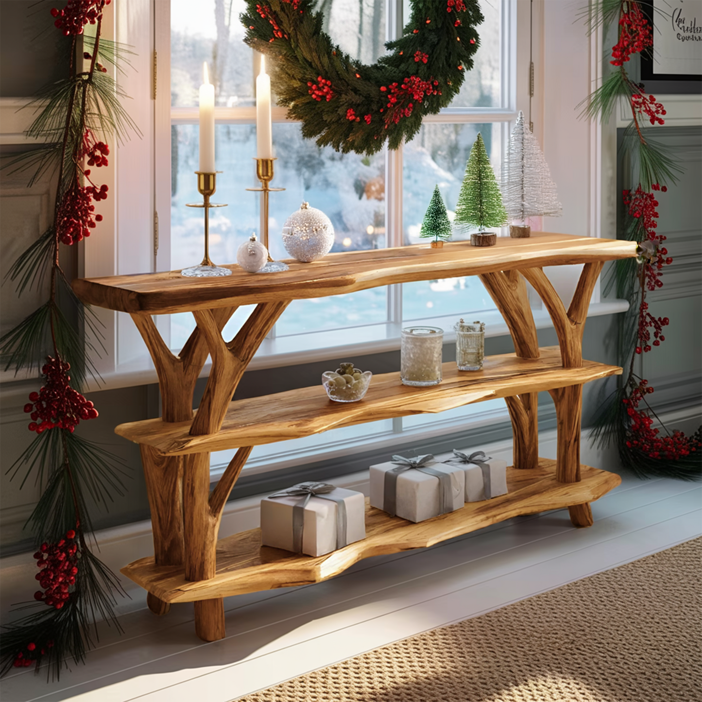 Farmhouse Wooden Live Edge Console Table For Living Room Christmas Accent