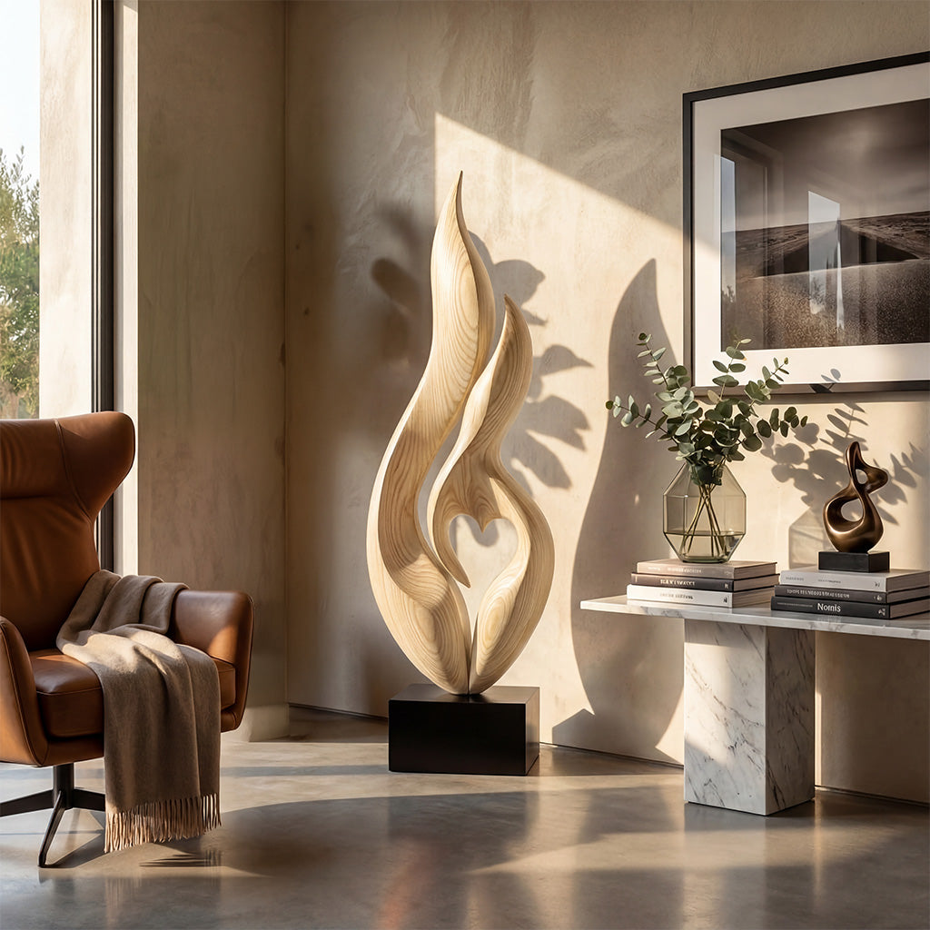 Abstract Flame Form Sculpture in Natural Wood with Dual Curves