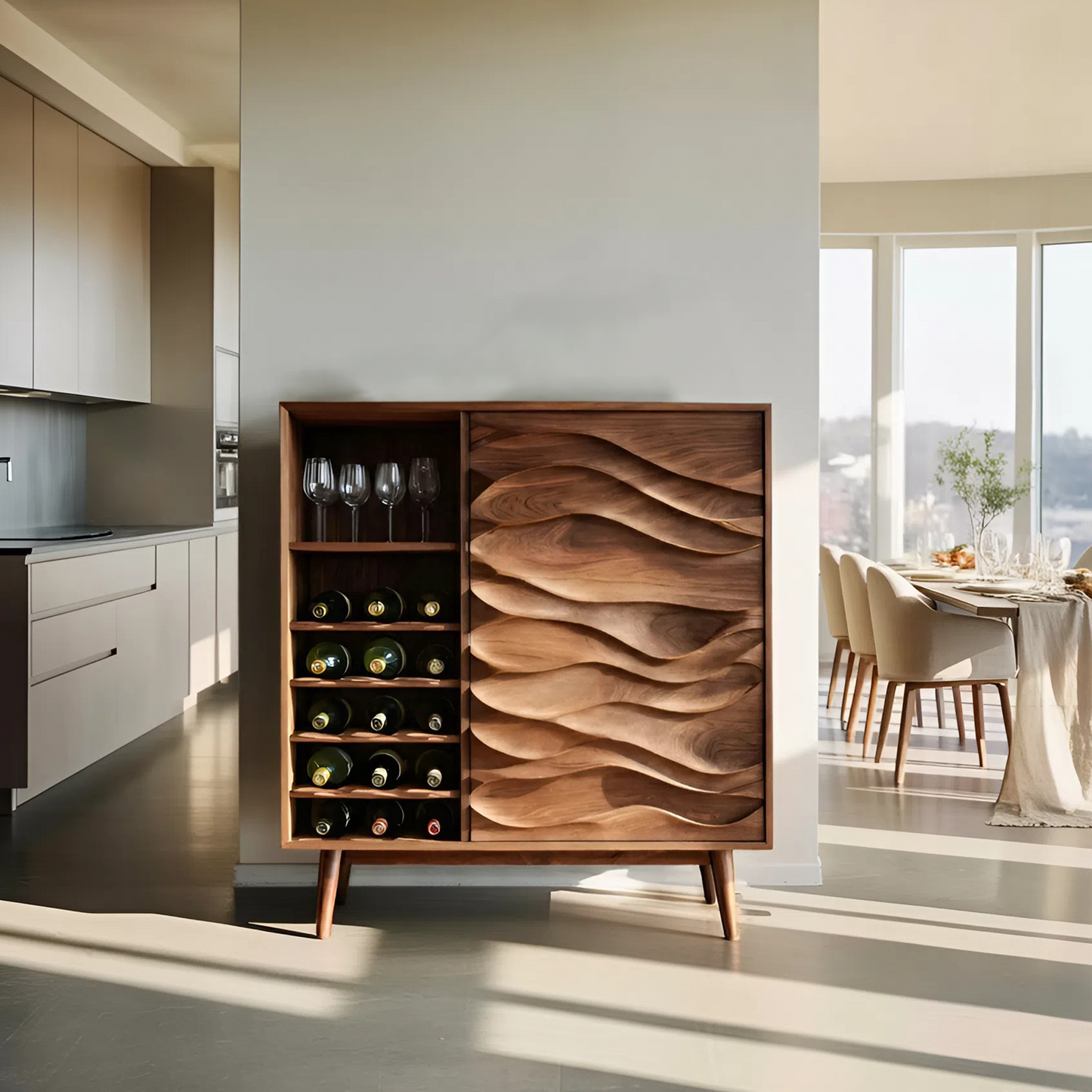 Sculptural Wine Cabinet With Wave Carved Doors For Kitchen
