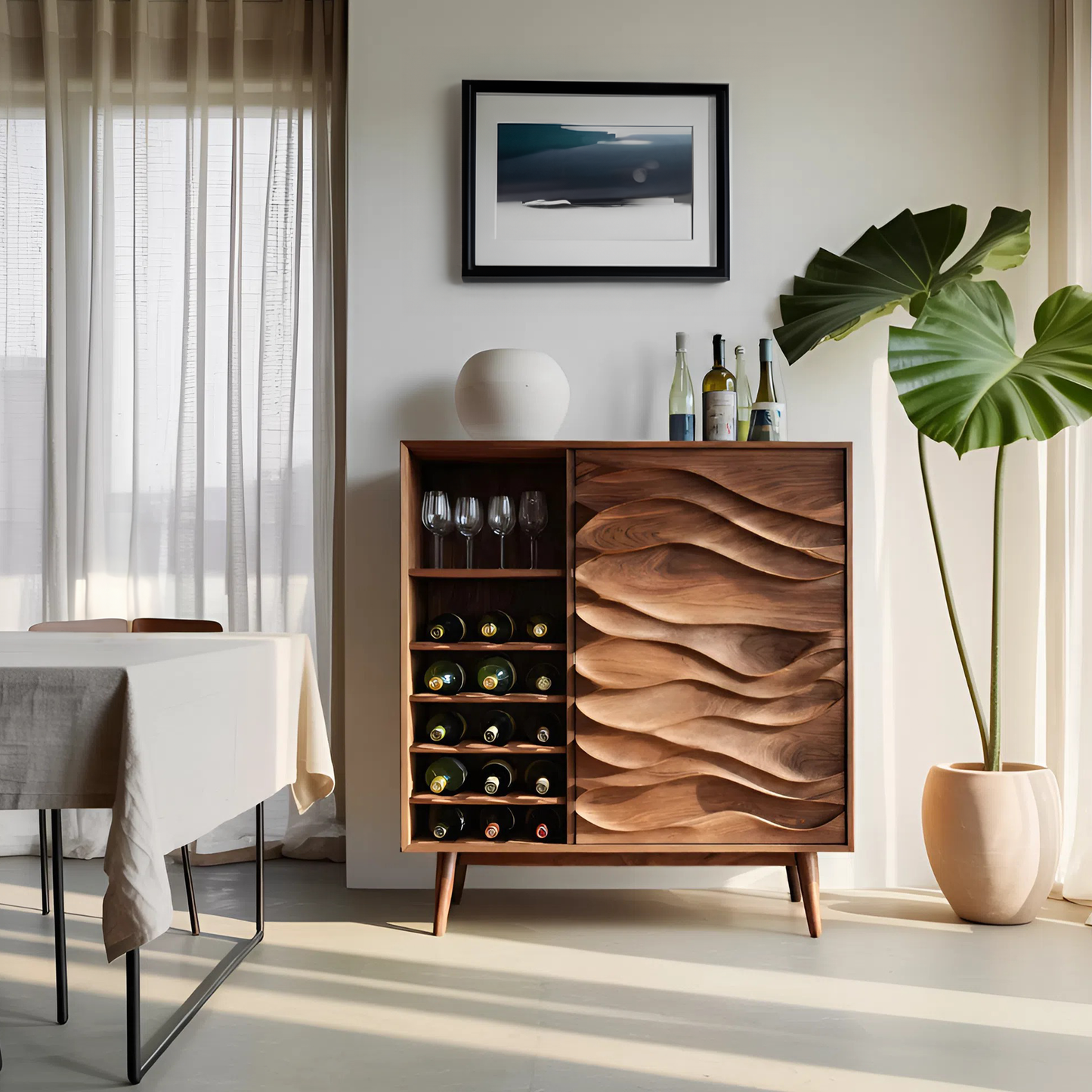 Sculptural Wine Cabinet With Wave Carved Doors For Kitchen