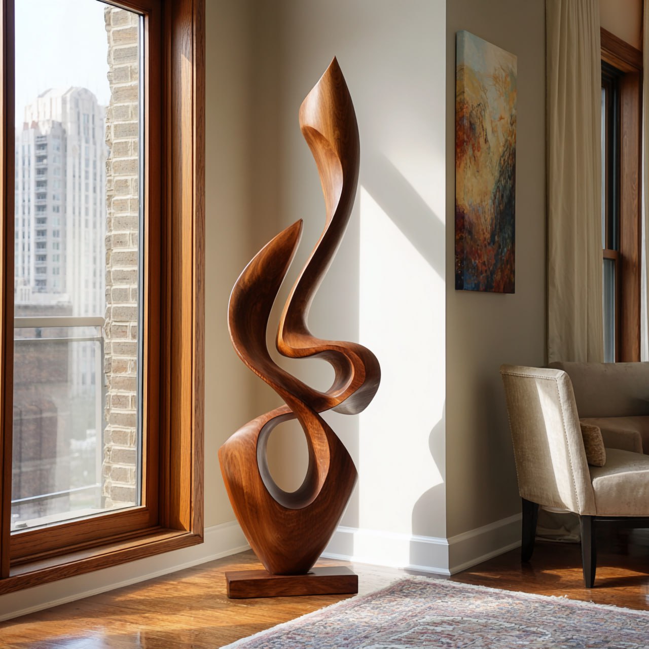 Tall Abstract Solid Wood Sculpture for Modern Home Interior