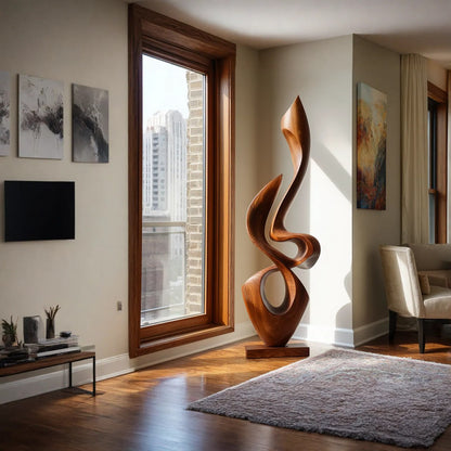 Tall Abstract Solid Wood Sculpture for Modern Home Interior