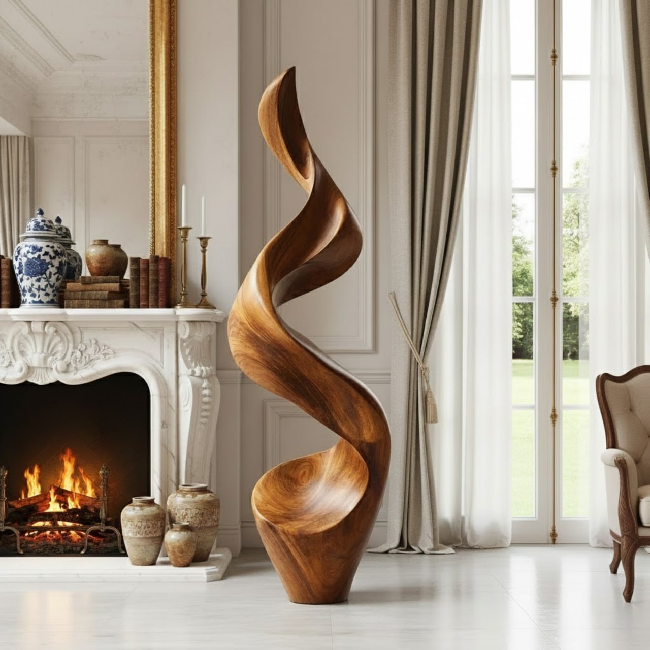 Tall Twisted Floor Sculpture in Natural Wood for Elegant Homes