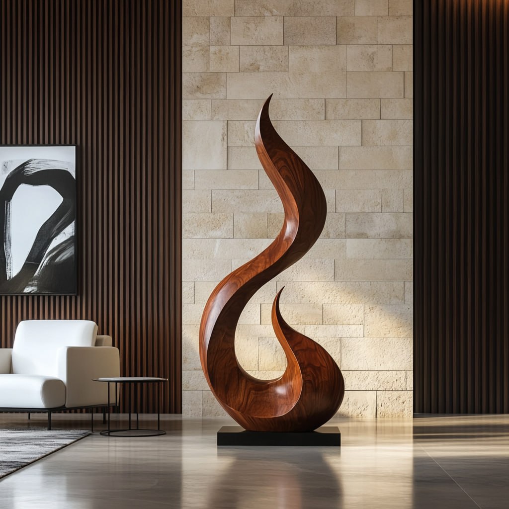 Modern Flame Form Natural Wood Floor Sculpture
