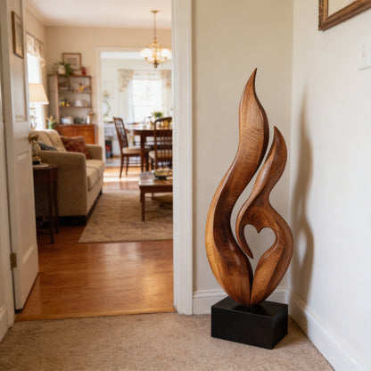 Abstract Flame Form Sculpture in Natural Wood with Dual Curves